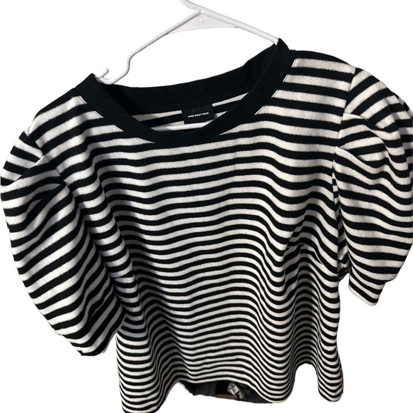 Who What Wear Tops - NWOT who what wear black and white striped blouse puff shelves size one x cute